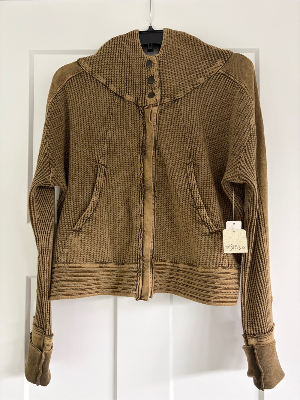 NWT Free People Army Green Waffle-Knit Zip Hoodie, size Small